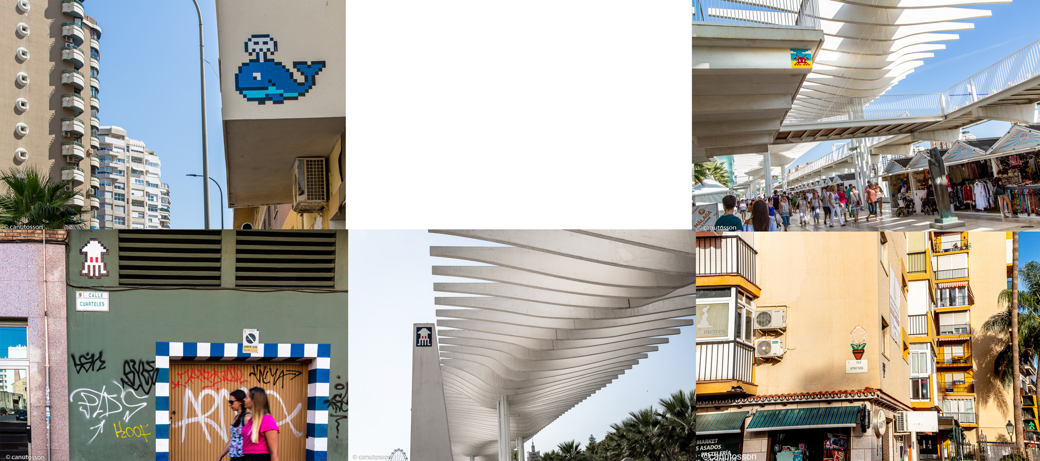 Mosaicos de Invader que a fecha de oct 2023 todavía pueden verse en Málga